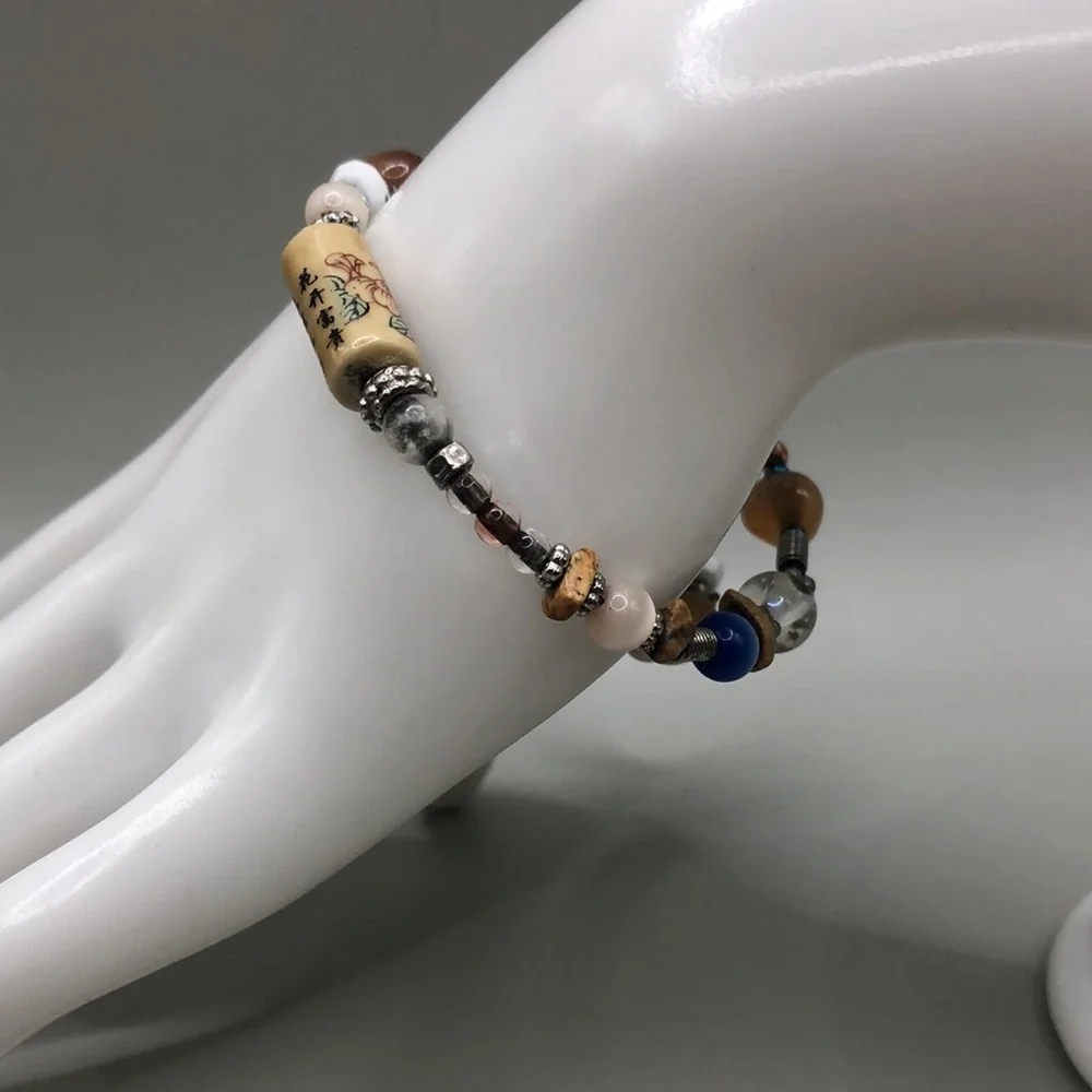 ARTISAN handmade Asian ceramic beads memory coil bracelet boho layering